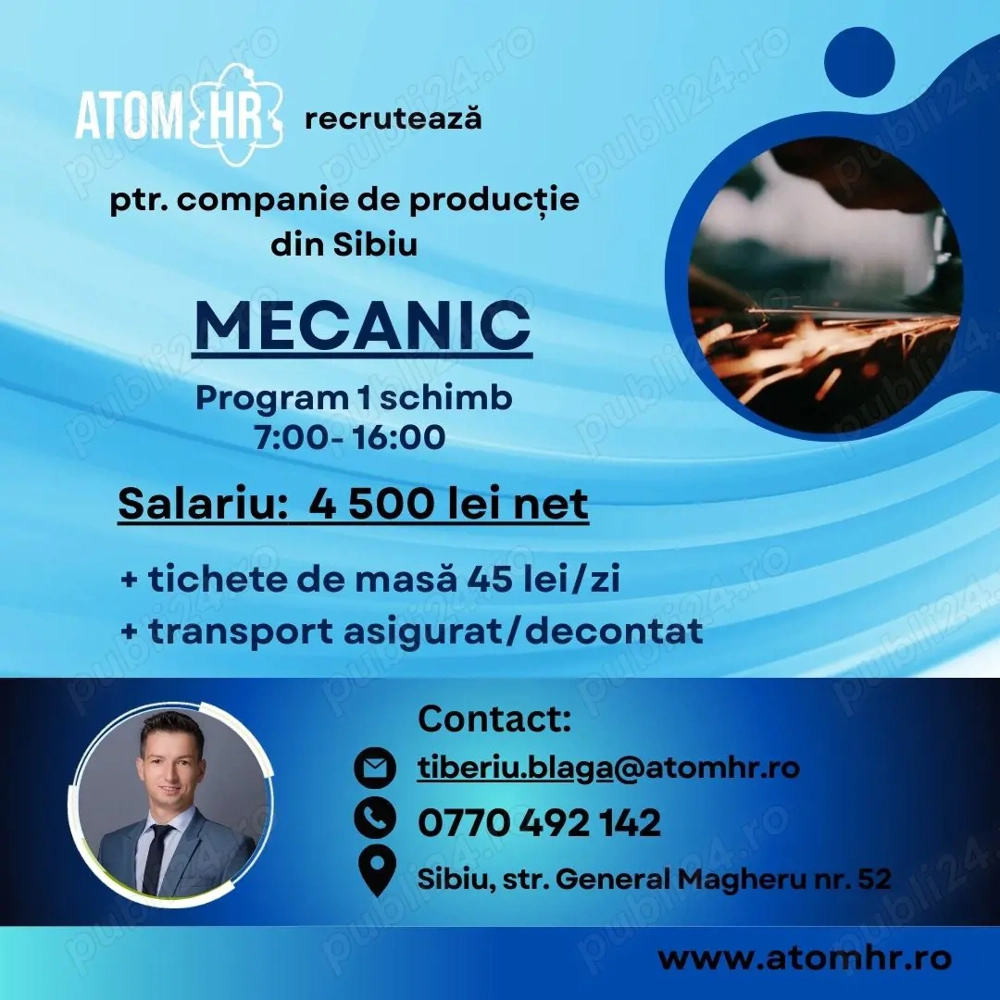 Atom HR angajează Mecanic pentru companie de producție din Sibiu.