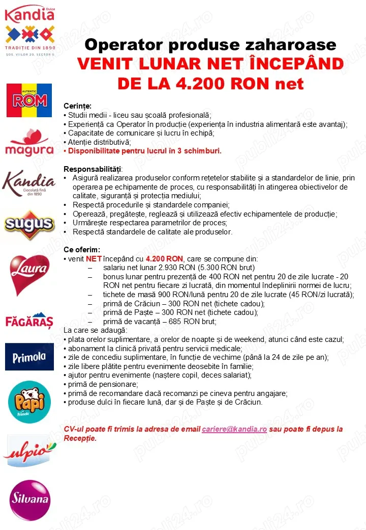 Angajăm Operator produse zaharoase