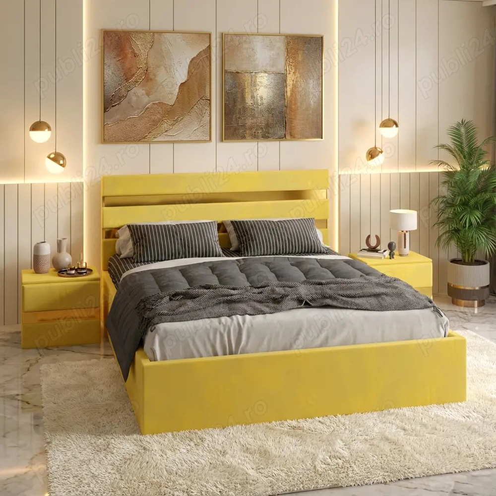 Pat Tapitat Adria Galben Cu Noptiere Tapitate  Model elegant
