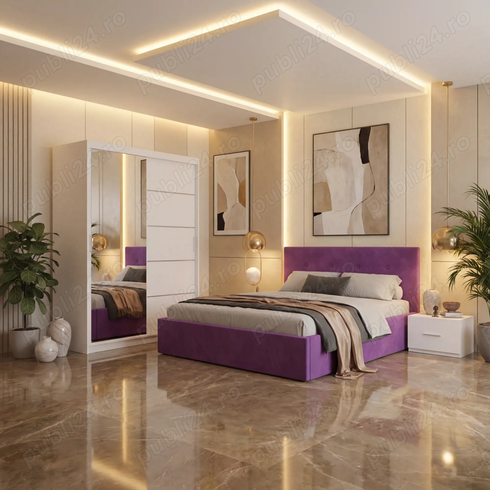 Dormitor Elys Mov cu Dressing 150 si Pat Tapitat Cu 2 Noptiere Ofertă limitată Model elegantă