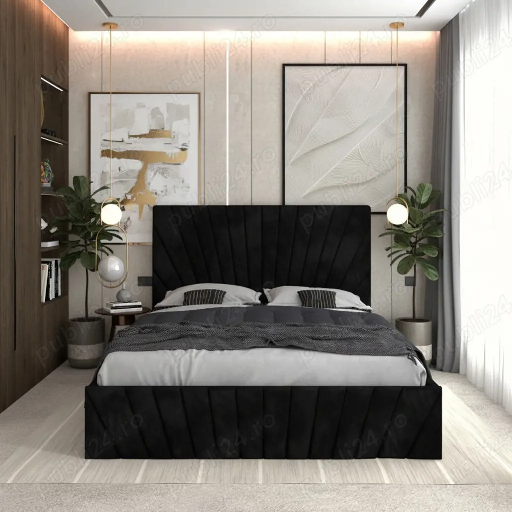 Pat Tapitat Leon Negru Catifea Premium Livrare rapidă