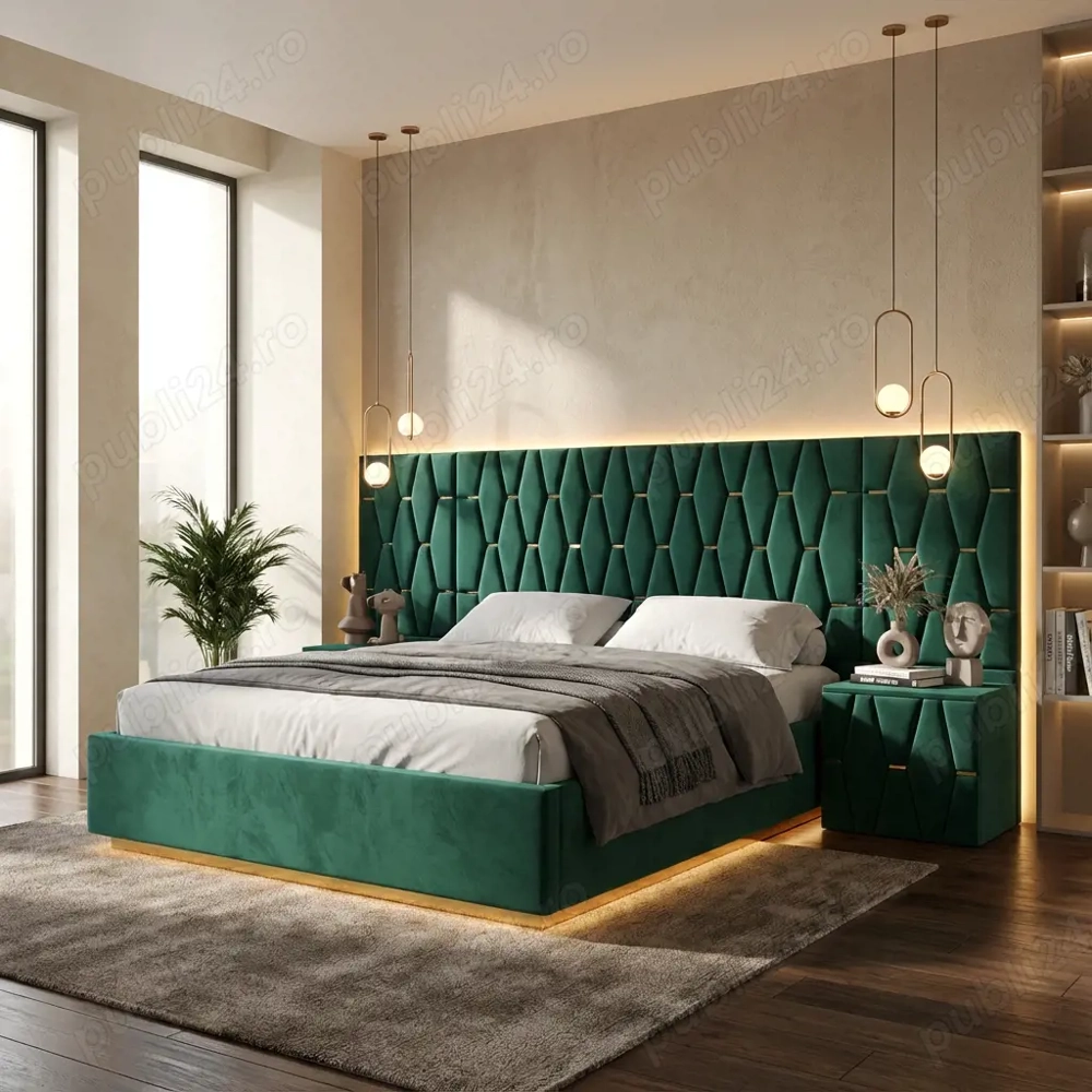 Pat Tapitat Iris Verde Cu Extensii Si Noptiere Tapitate Trimite mesaj Dormitor modern preț avantajos