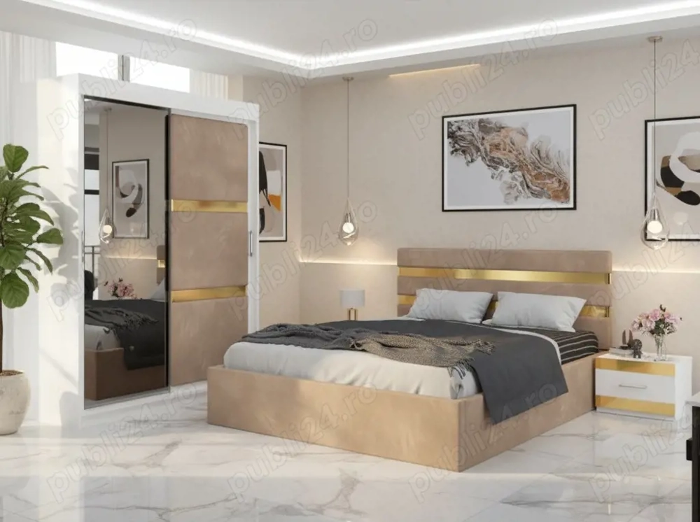 Dormitor Adria Crem Dressing 150 Tapitat Si Pat cu 2 Noptiere Transport oriunde în România