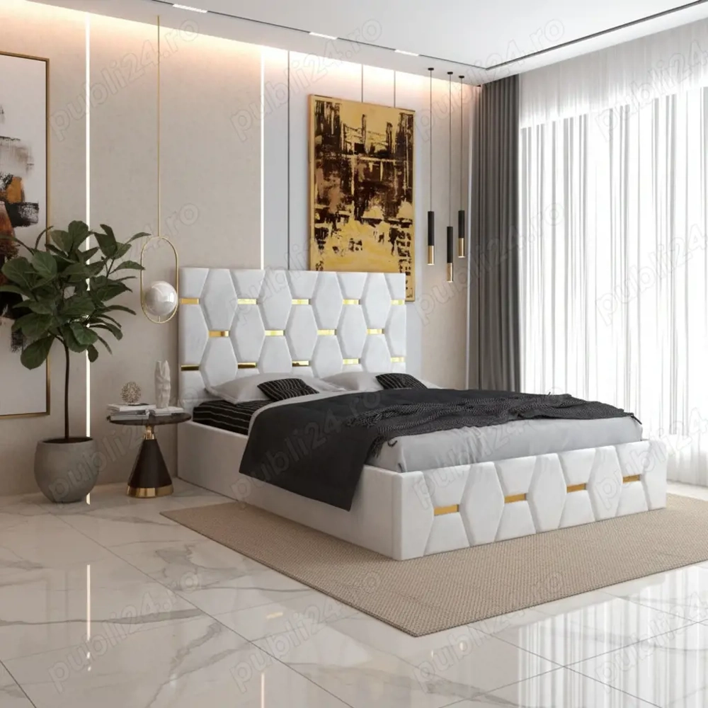Pat Tapitat Bia Alb Catifea Premium  Model elegant Alege astăzi dormitoare moderne