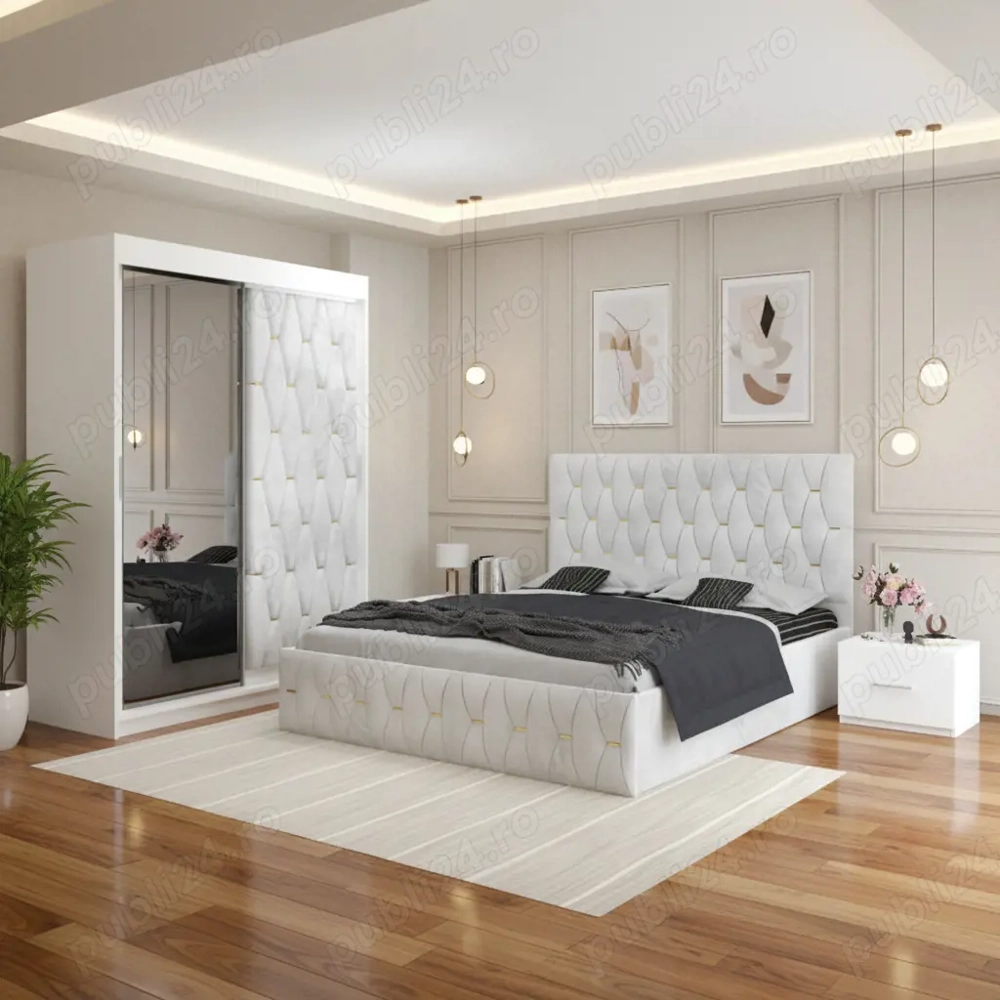 Dormitor Iris Alb cu Dressing Tapitat si 2 Noptiere Transport rapid