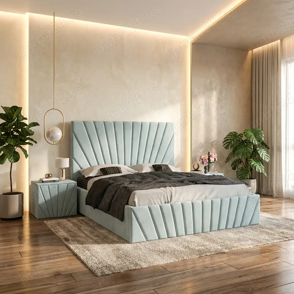 Pat Tapitat Leon Lemon Catifea Premium Cu Noptiere Tapitate  Model elegant