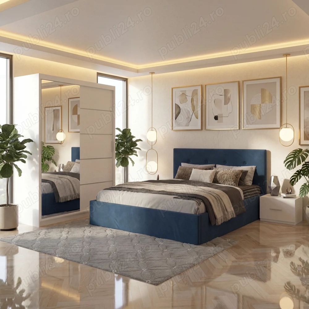 Dormitor Elys Albastru cu Dressing 150 si Pat Tapitat Cu 2 Noptiere Comandă acum Set dormitor comple