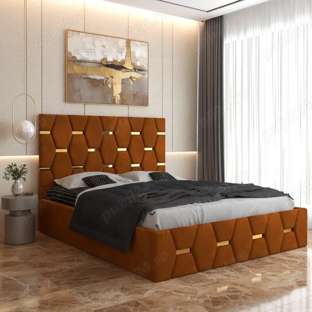 Pat Tapitat Bia Caramiziu Catifea Premium Livrare rapidă Promoție mobilier dormitor