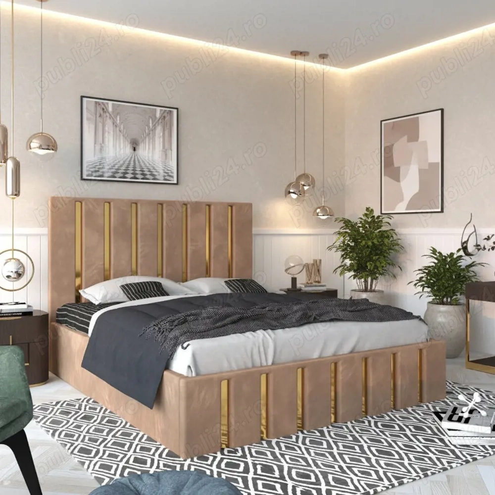 Pat Tapitat Crystal Crem  Materiale de calitate Dormitor premium preț avantajos