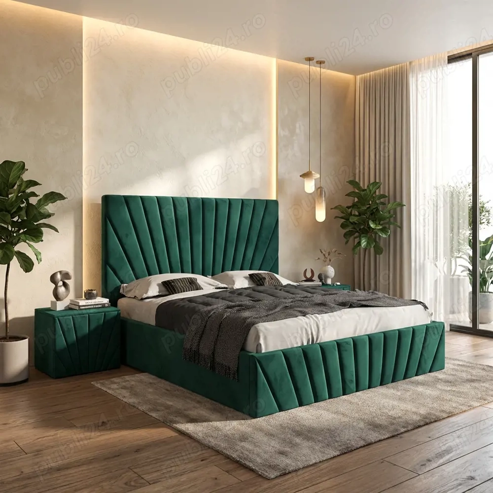 Pat Tapitat Leon Verde Catifea Premium Cu Noptiere Tapitate  Model elegant Comandă rapid mobilier do