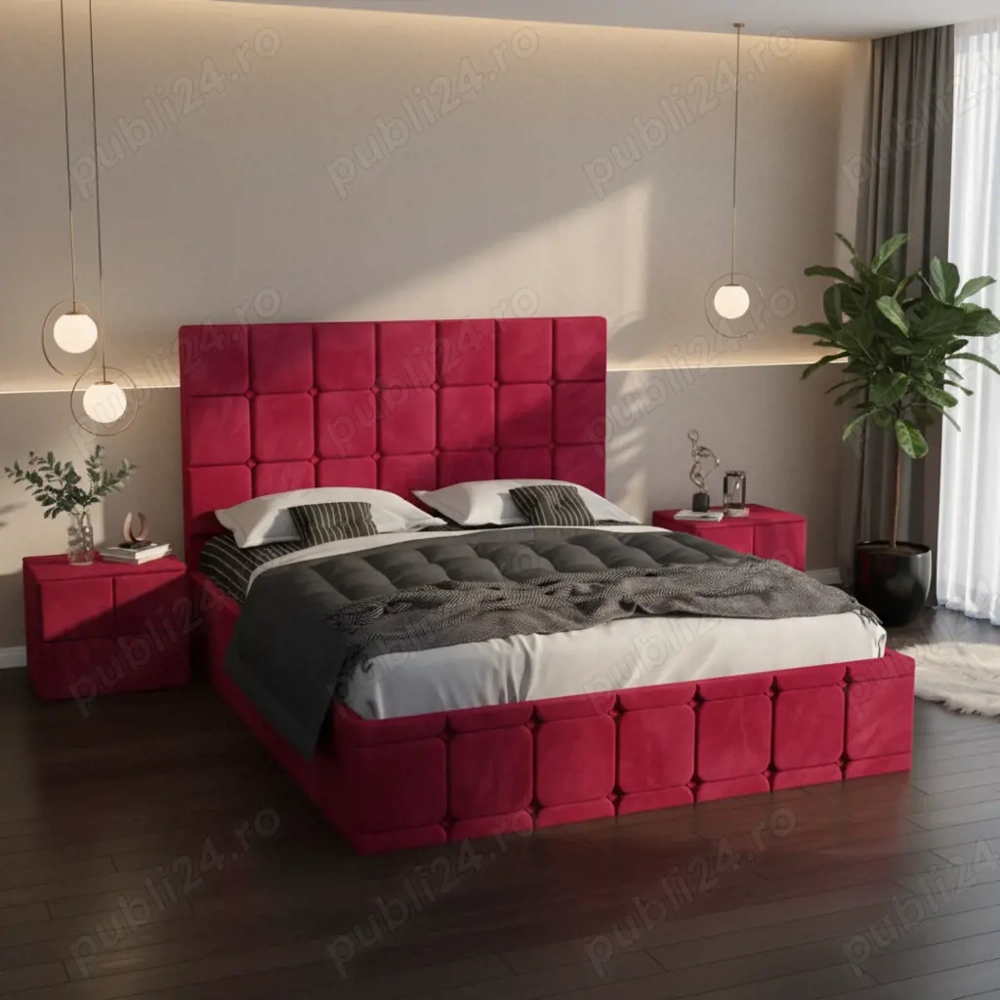 Pat Tapitat Titan Visiniu Catifea Premium cu Noptiere Tapitate Contactează-ne Promoție mobilier dorm