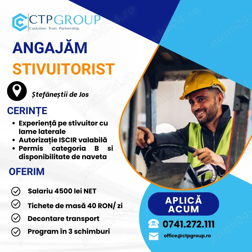 ANGAJAM Stivuitorist - 4500 lei+beneficii flexibile+decont transport