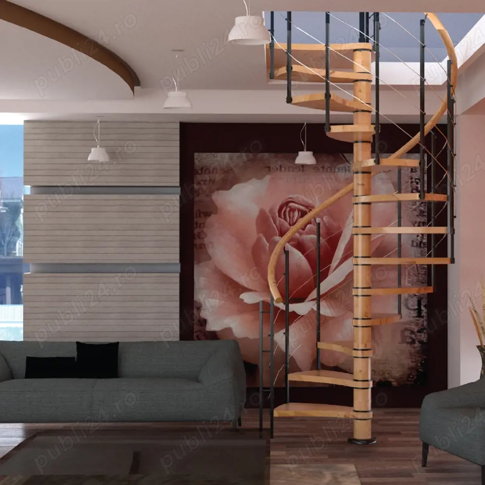 Scara Larissa - spirala din fag, balustrada lemn, kit complet