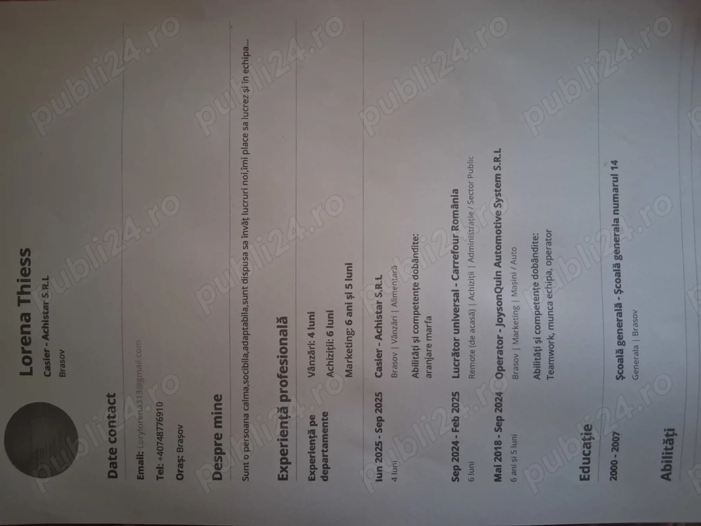 Lucrator comercial,casier,curățenie,camerista,infirmiera