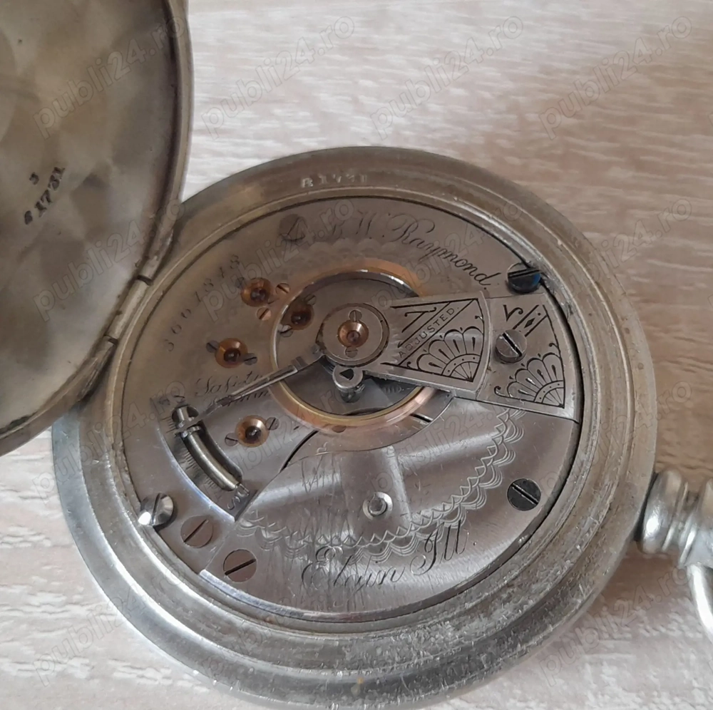 Ceas de buzunar Elgin B.W.Raymond pentru caile ferate RR Grade cu 15 rubine in inele de aur+ lant