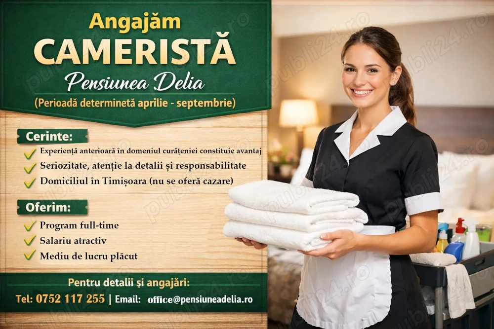 Angajăm Cameristă   Pensiunea Delia (perioadă determinată) 