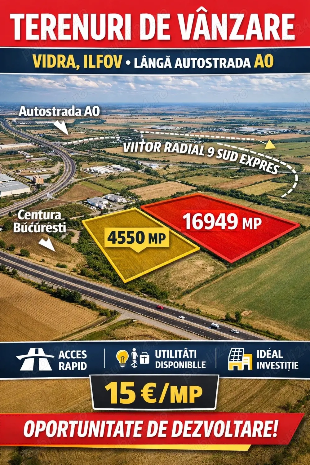 Terenuri de vânzare   oportunitate investiție   Vidra, Ilfov (lângă A0) viitor Radial 9 Sud Expres