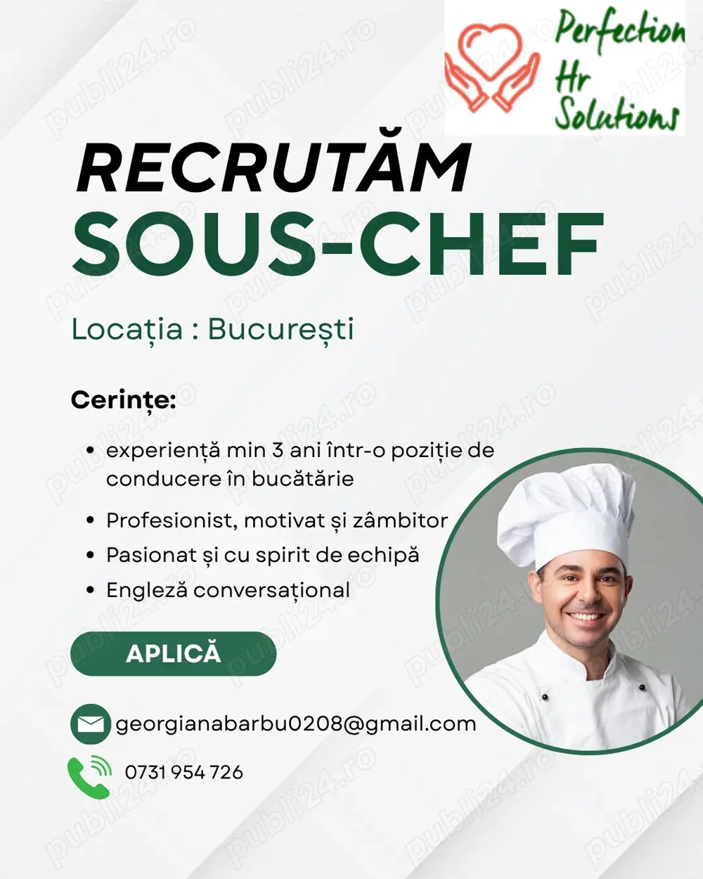 Recrutam ajutor de bucatar sef (Sous Chef)