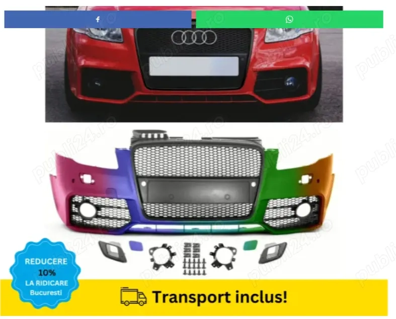 Bara fata Audi A4 B7 2004-2007 RS LOOK S-LINE cu spalator far Negru Gri Albastru vopsita