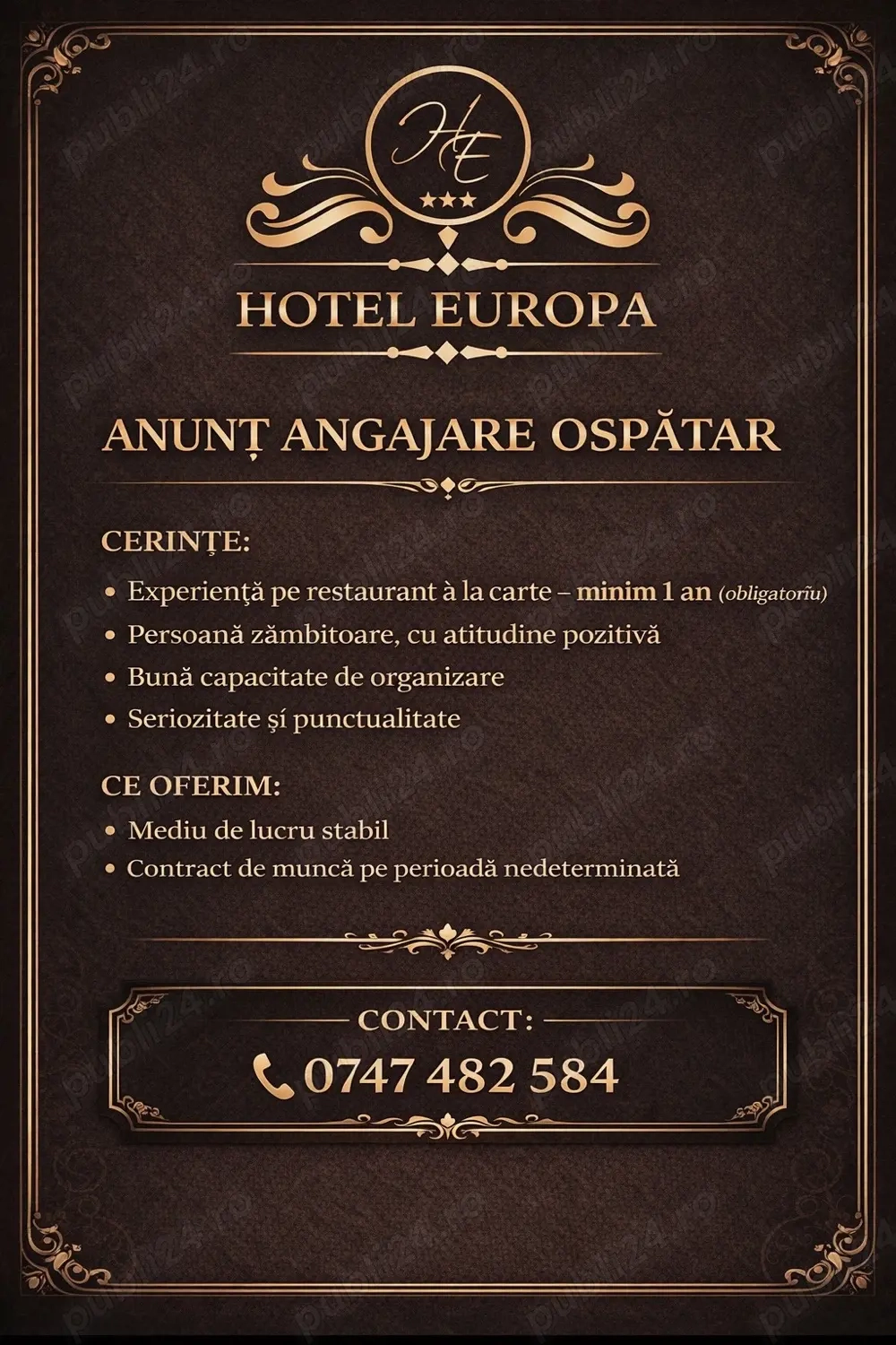 Angajam Ospatar cu experienta hotel europa