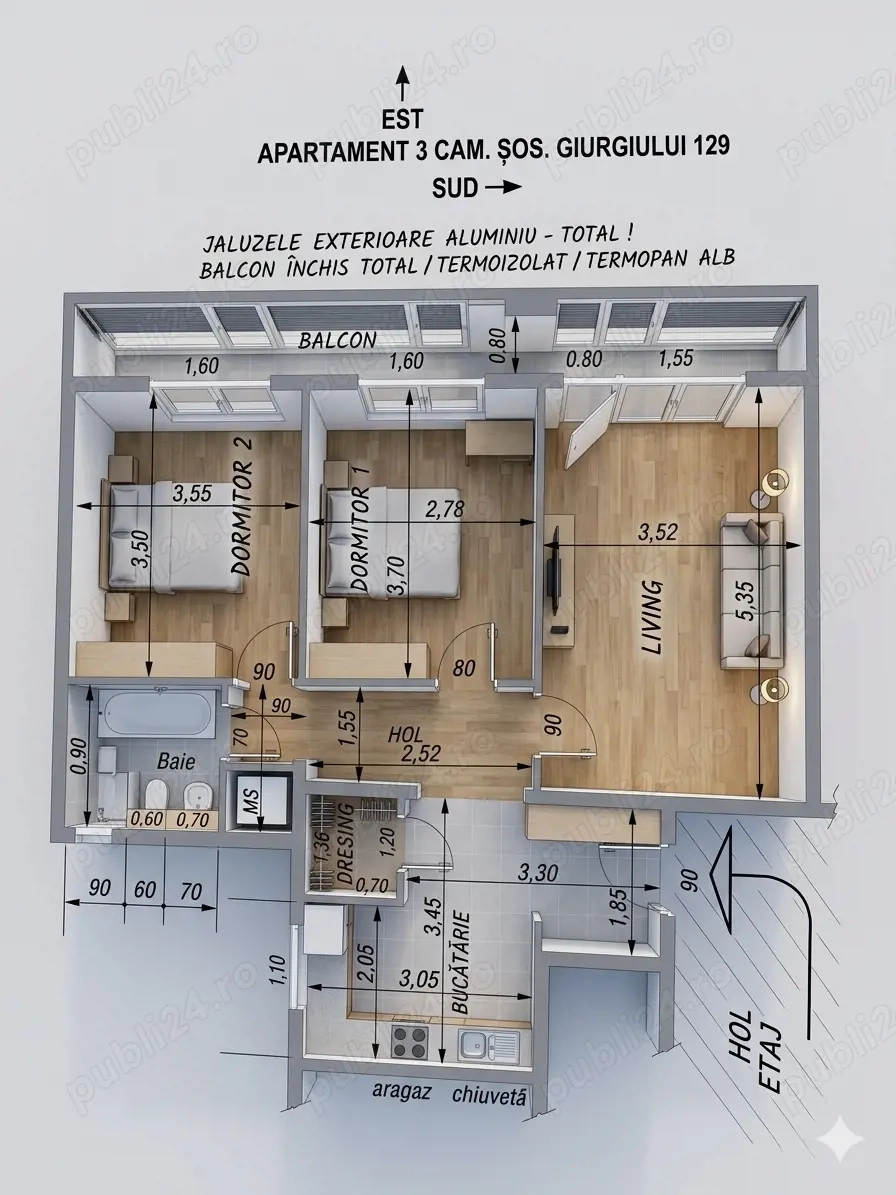Apt. 3 camere decomandat 70mp Sos.Giurgiului 129 bl.2A, sector 4
