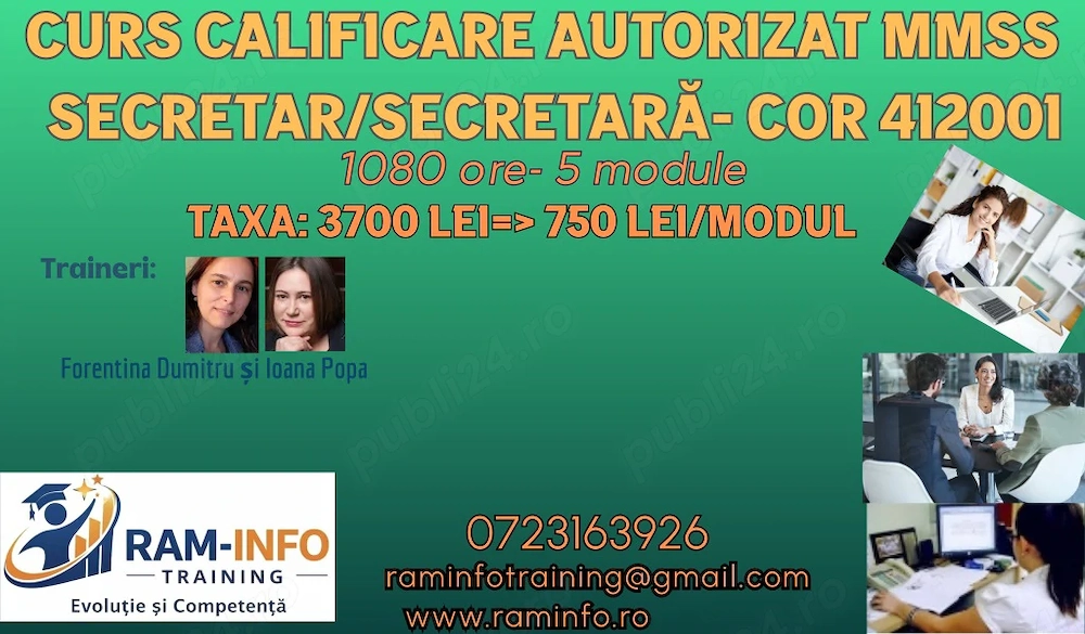 CURS calificare intensiv autorizat MMSS SECRETAR SECRETARĂ   Cod COR 412001- 1080 ore- 5 module