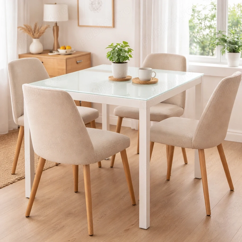 Masa alba cu cadru metalic si blat de sticla 80x80 cm