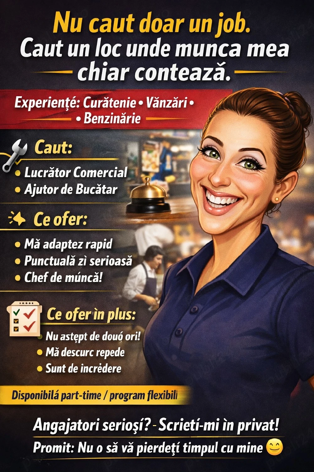 Caut al doilea job,lucrator comercial,aj bucatar,receptionera