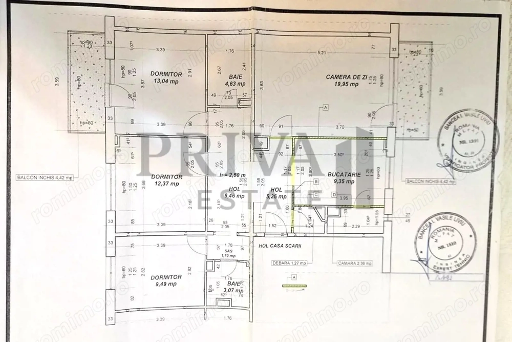 Apartament 4 camere, 2 bai, 2 balcoane, centrala