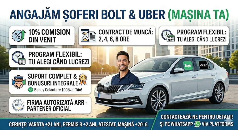 Angajăm Șoferi Bolt & Uber (cu Mașina Ta) | Comision 10% | Carte de Muncă