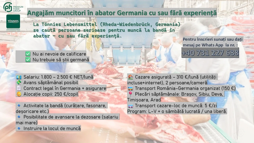 Angajăm muncitori in abator Germania cu sau fara experienta