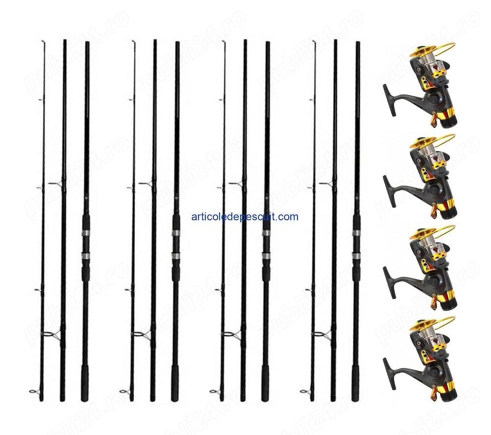 Set 4 Lansete pentru Crap, lungime 3.60 m + 4 mulinete KT 5000A cu 6 rulmenti - produse noi