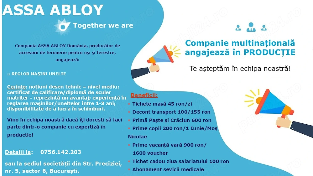 Companie multinationala angajeaza urgent reglor masini unelte