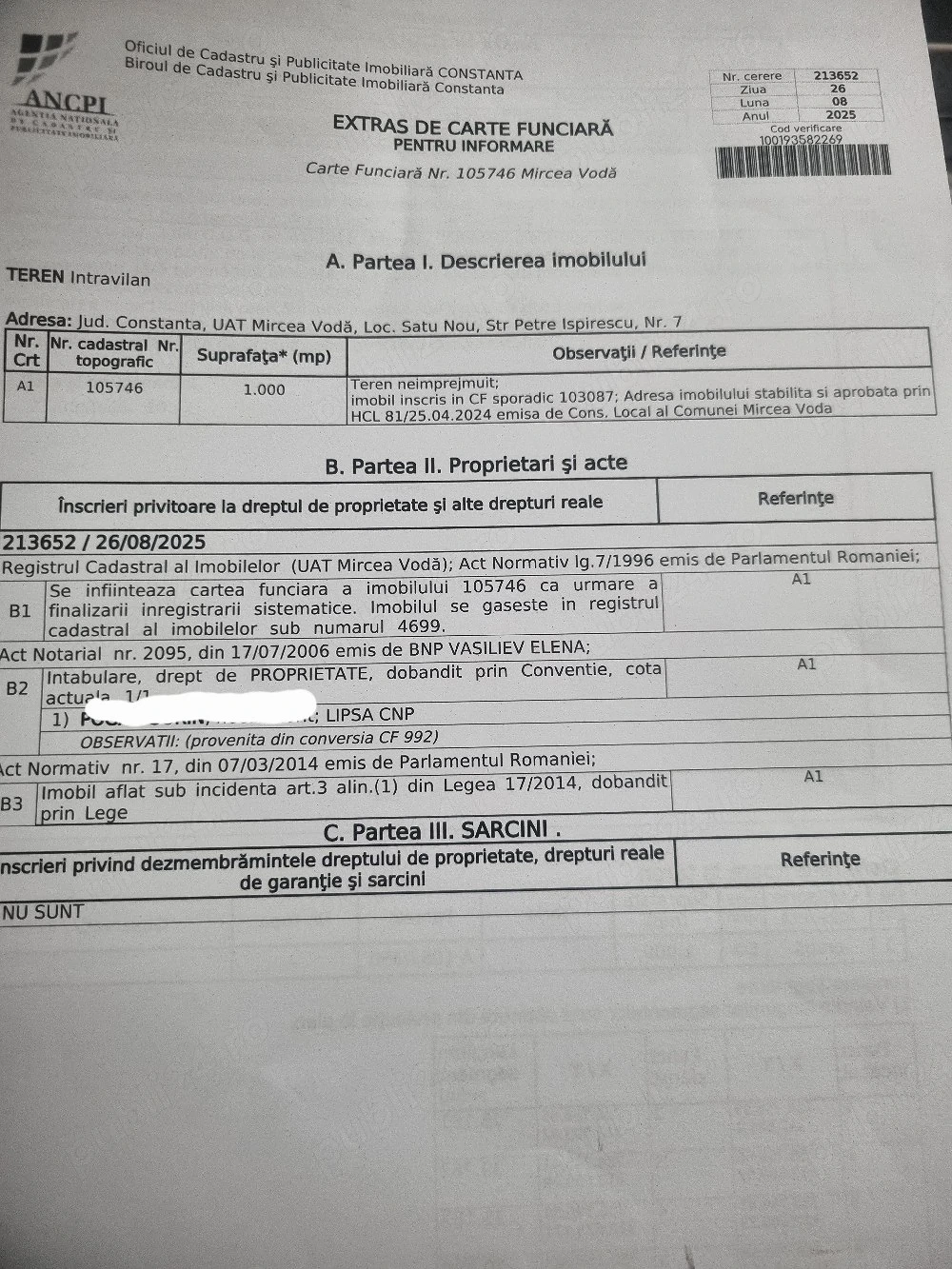 Vând teren 500 mp Satu Nou