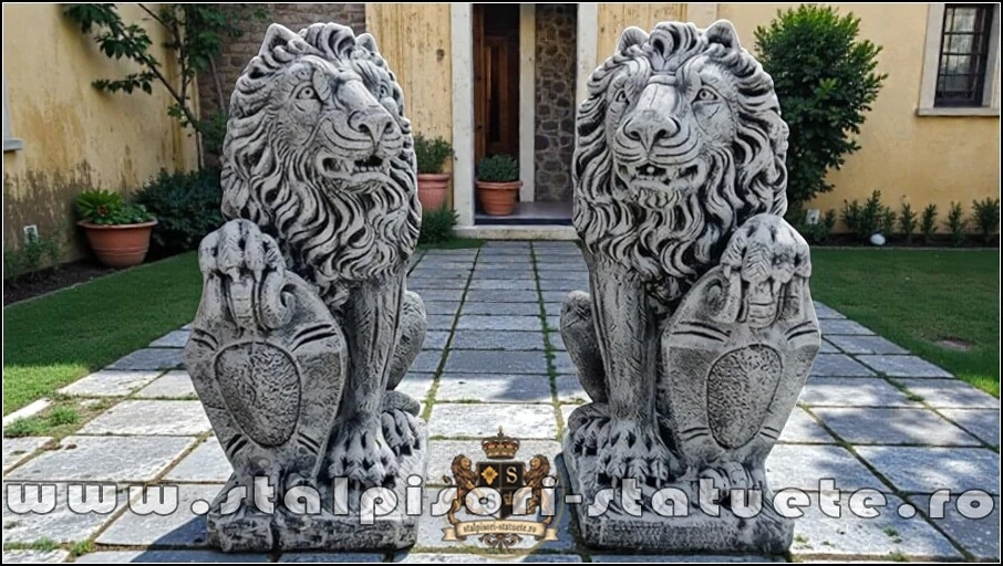Statuetă leu mare cu blazon, gri patinat, model S1.