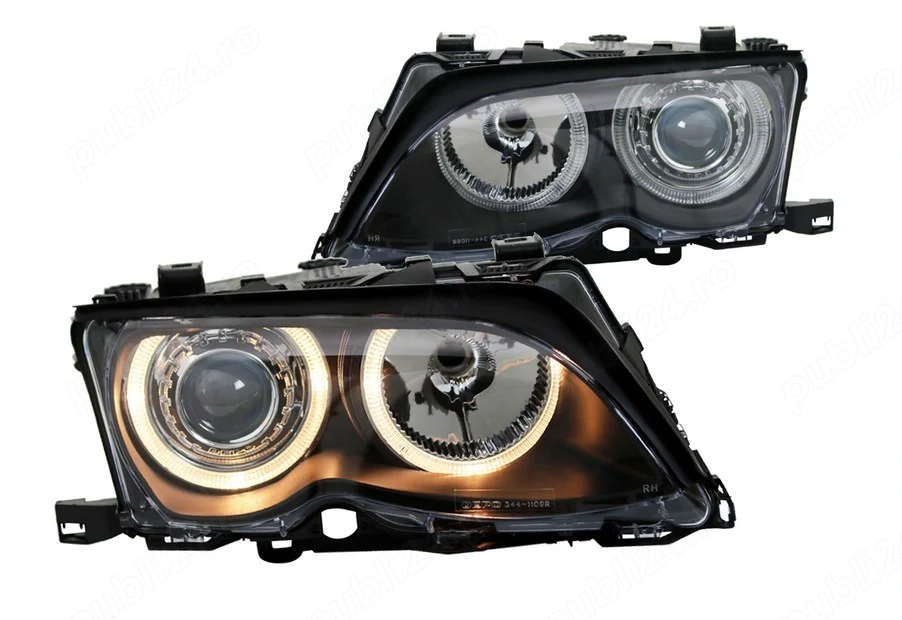 Far faruri BMW E46 FL Angel Eyes negru cu lupa NOU