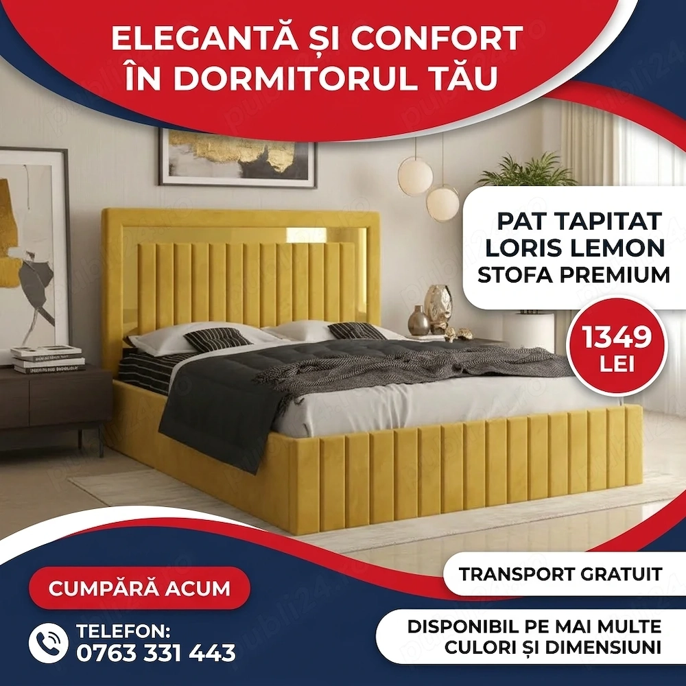 Pat Tapitat Loris Lemon Stofa Premium Model popular Mobilier pentru dormitor la ofertă