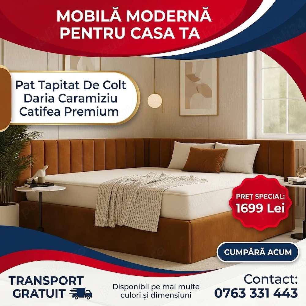 Pat Tapitat De Colt Daria Caramiziu Catifea Premium Stoc limitat Promoție dormitoare