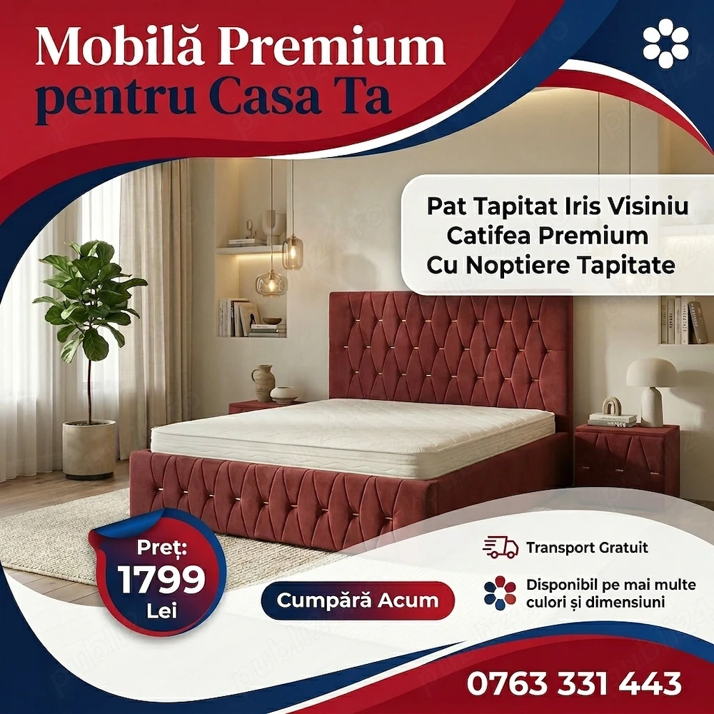 Pat Tapitat Iris Visiniu Catifea Premium Cu Noptiere Tapitate Trimite mesaj Mobilier pentru dormitor