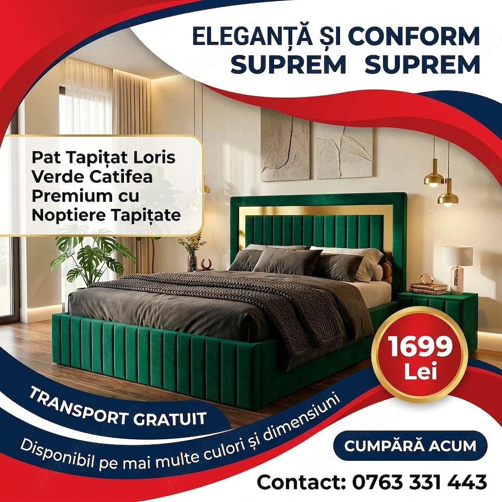 Pat Tapitat Loris Verde Catifea Premium cu Noptiere Tapitate  Materiale de calitate Reduceri dormito