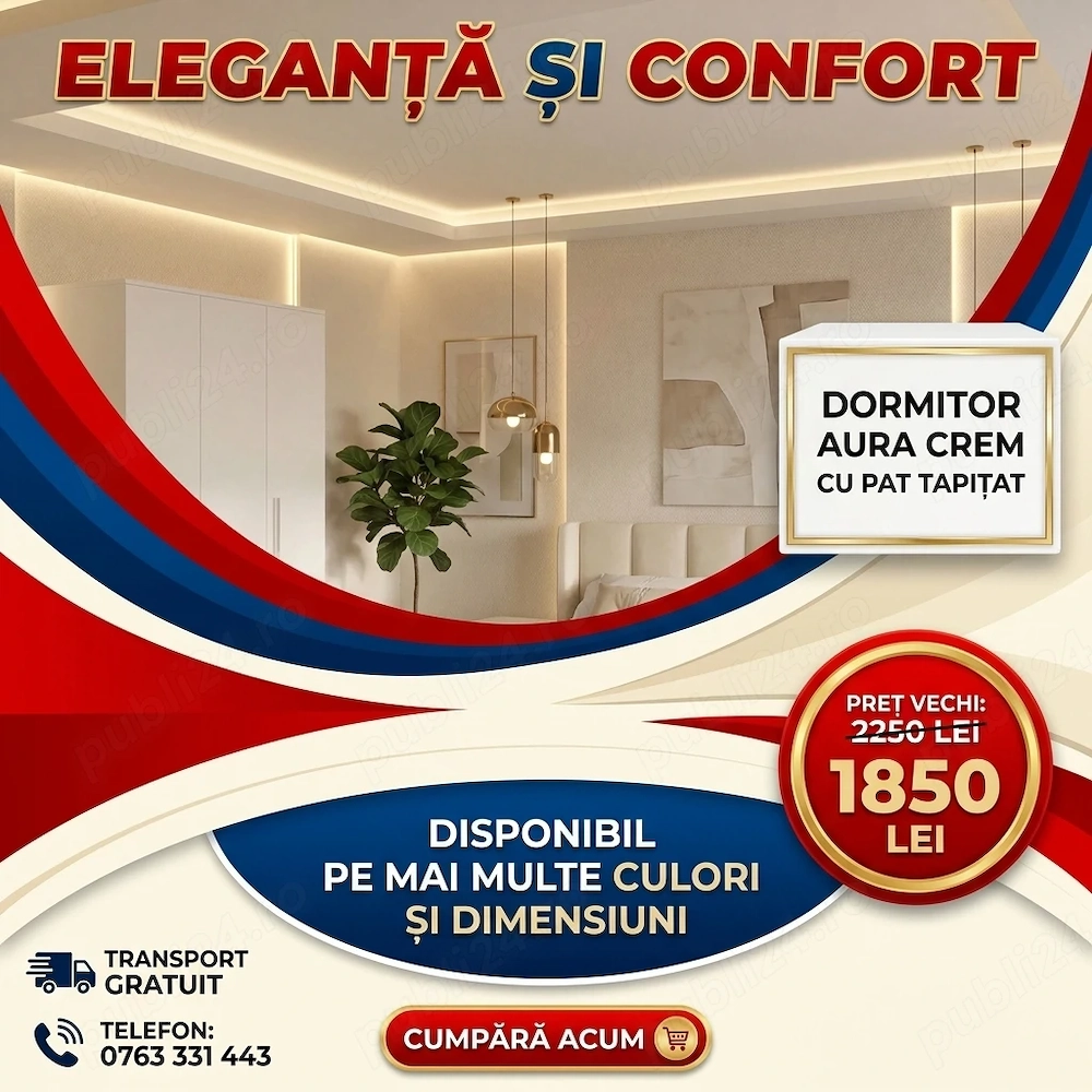 Dormitor Aura Crem cu Pat Tapitat Scrie-ne pentru detalii Model elegantă