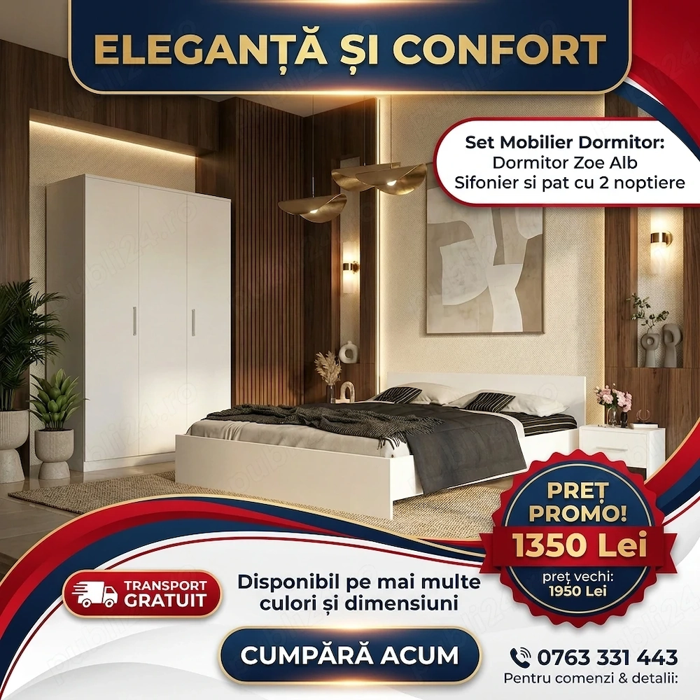 Dormitor Zoe Alb Sifonier si pat cu 2 noptiere  Model elegant Descoperă acum mobilă pentru dormitor