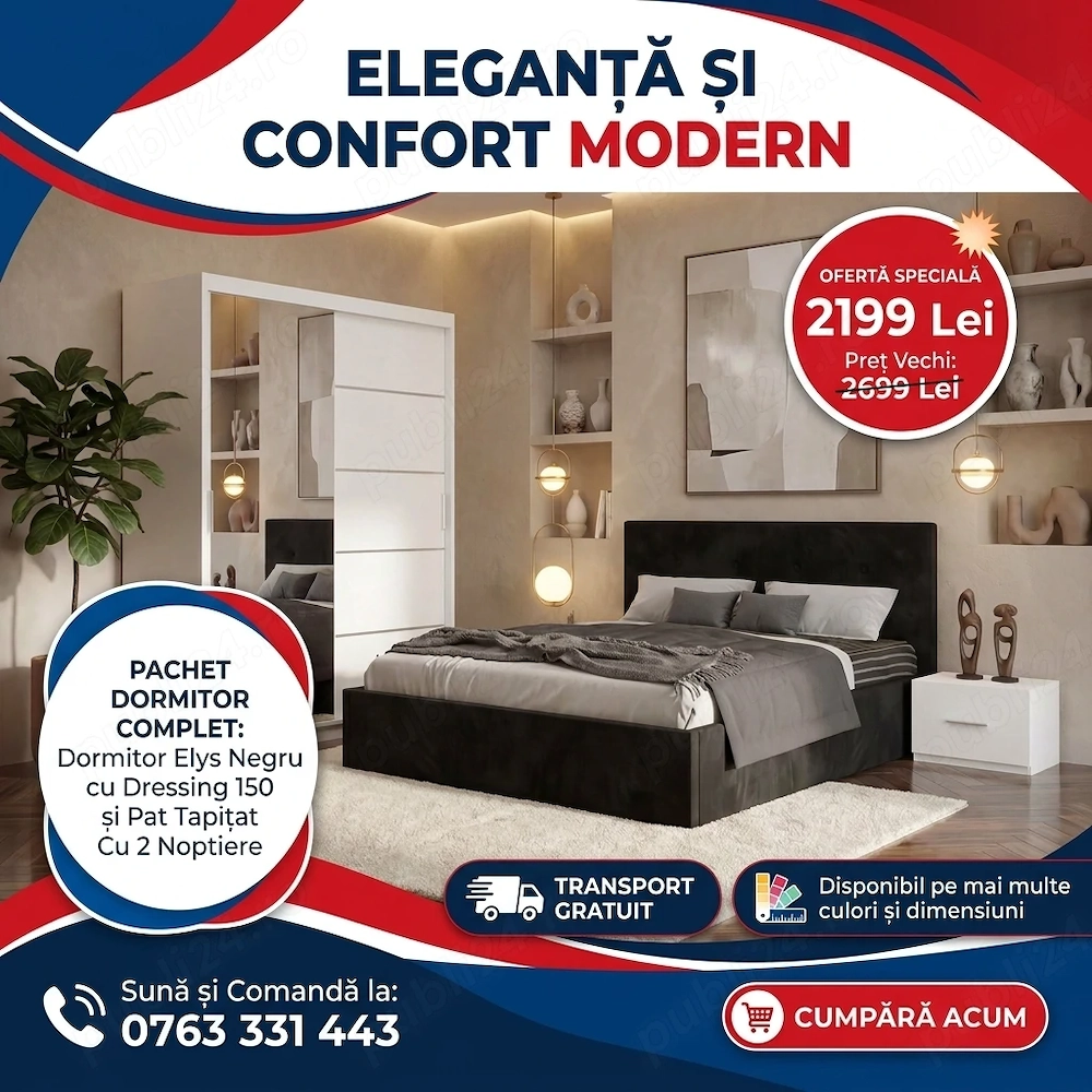 Dormitor Elys Negru cu Dressing 150 si Pat Tapitat Cu 2 Noptiere  Model elegant Colecție modernă