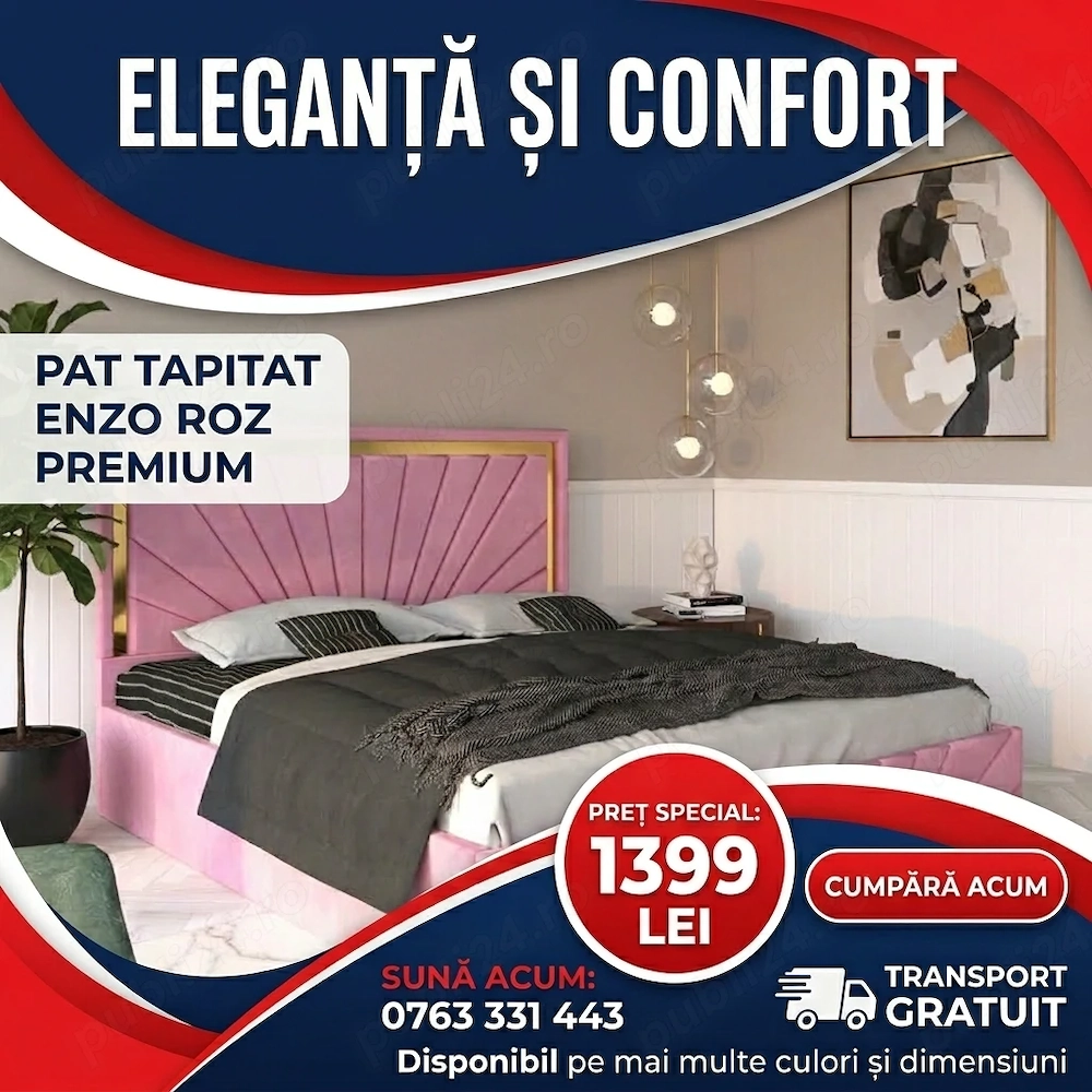 Pat Tapitat Enzo Roz Premium Livrare rapidă Promoție mobilier dormitor