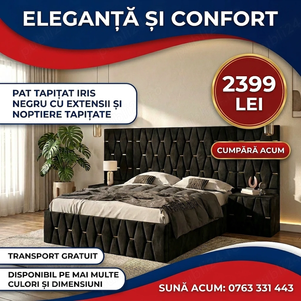 Pat Tapitat Iris Negru Cu Extensii Si Noptiere Tapitate În stoc Dormitor elegant preț bun