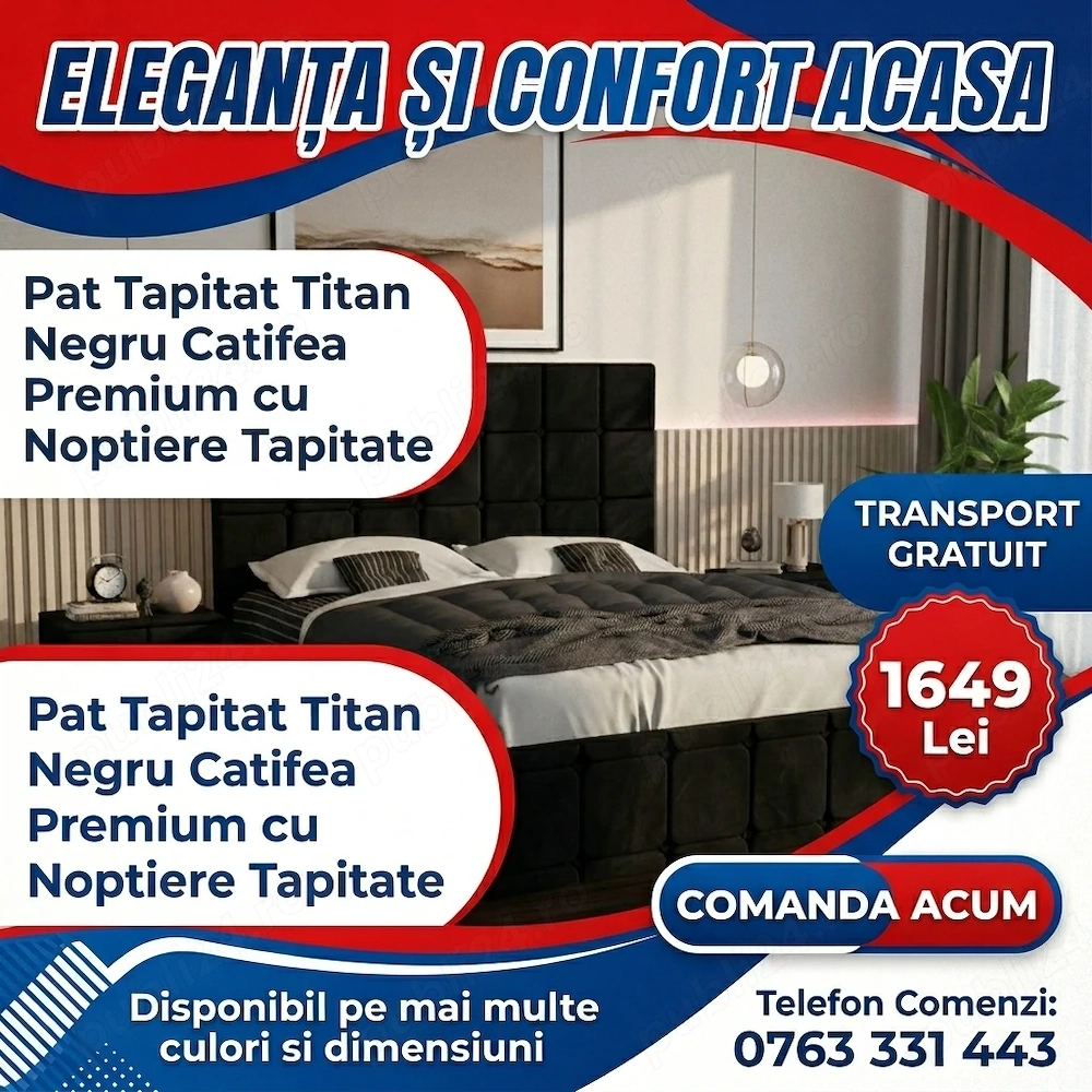 Pat Tapitat Titan Negru Catifea Premium cu Noptiere Tapitate Contactează-ne Comandă astăzi mobilier 