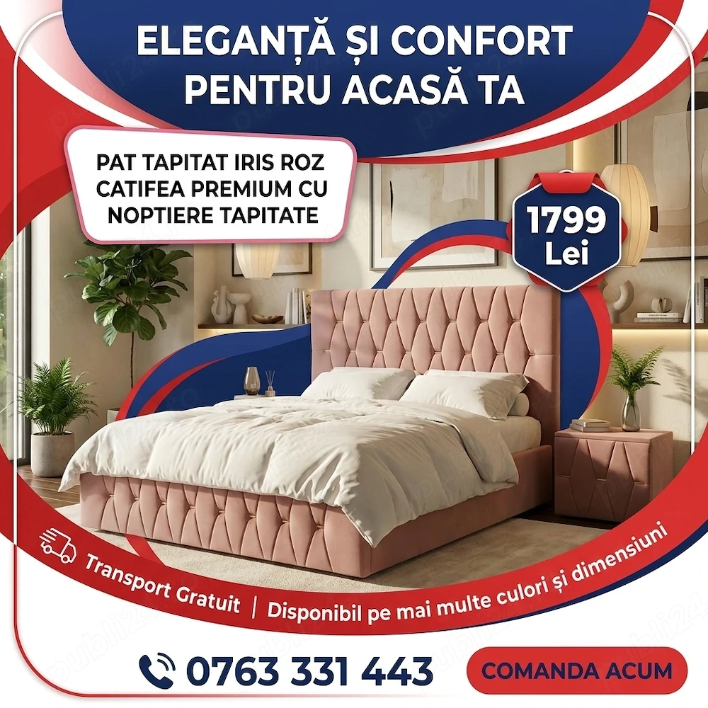 Pat Tapitat Iris Roz Catifea Premium Cu Noptiere Tapitate Model popular Dormitor premium ofertă spec
