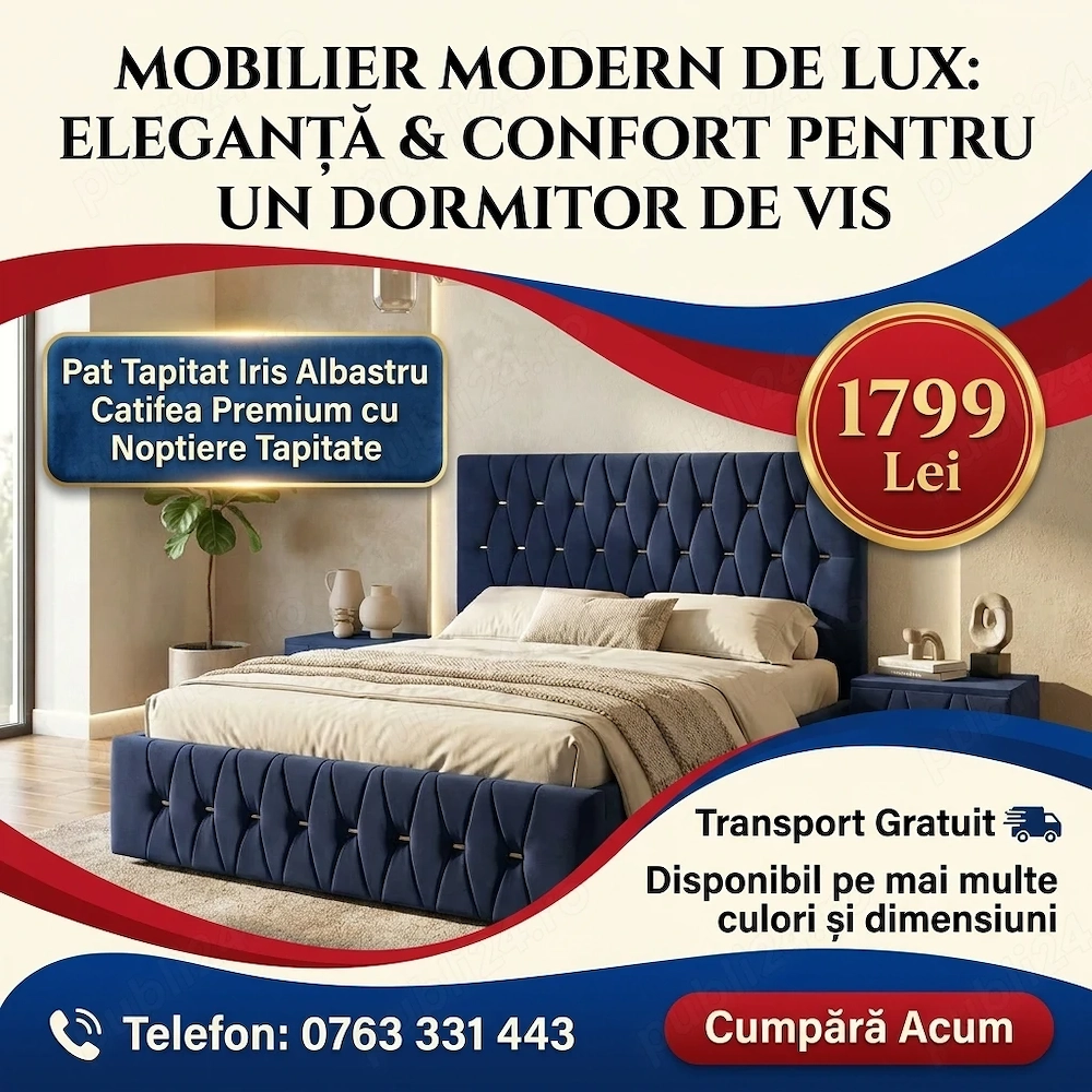 Pat Tapitat Iris Albastru Catifea Premium cu Noptiere Tapitate Model popular Colecție modernă