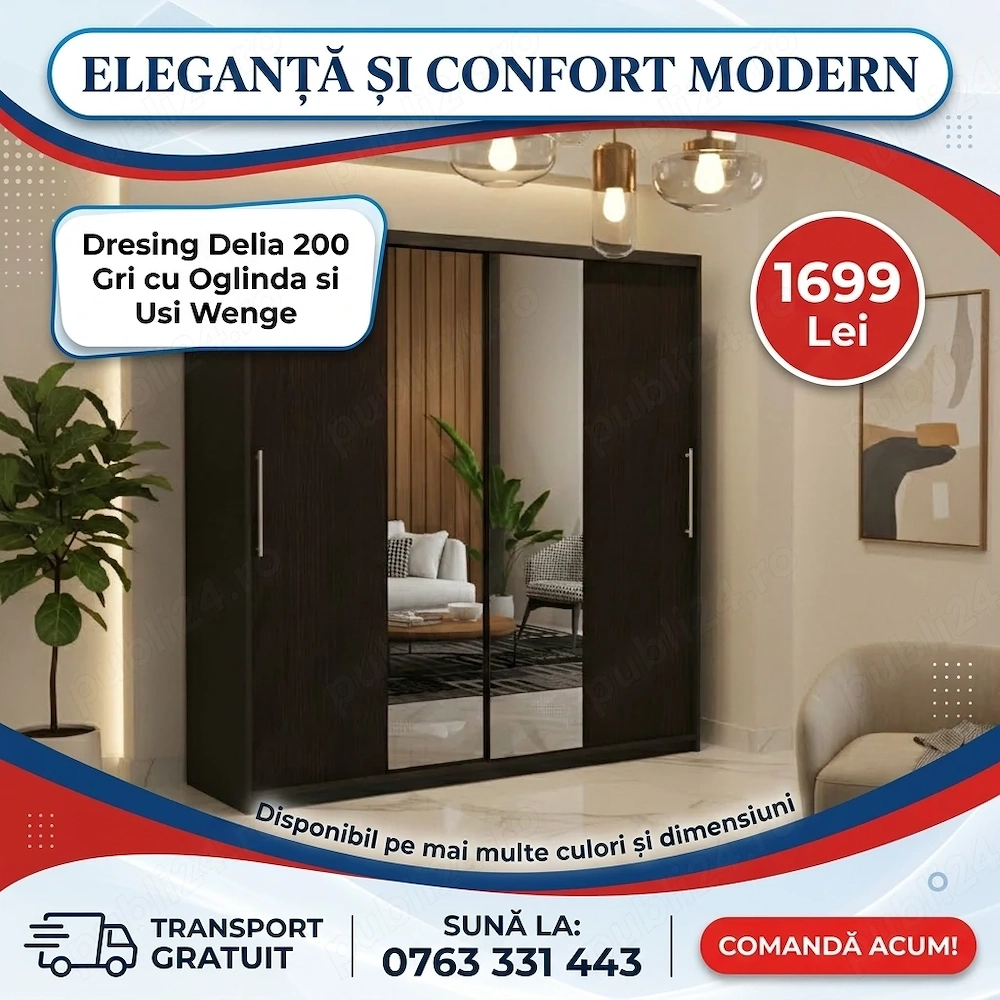 Dresing Delia 200 Gri cu Oglinda si Usi Wenge Disponibil acum Dormitor premium ofertă specială