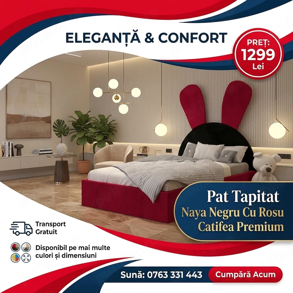 Pat Tapitat Naya Negru Cu Rosu Catifea Premium  Materiale de calitate Set dormitor complet preț bun